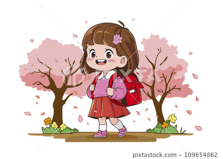 Girl with cherry blossoms and school bag 109654862