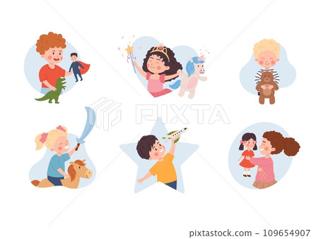 Happy cute boys and girls holding their toys, kids play with favorite toy, best friends cartoon vector illustrations set Happy cute boys and girls holding their toys, kids play with favorite toy, best friends cartoon vector illustrations set 109654907