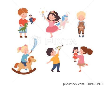 Happy cute boys and girls holding their toys, kids play with favorite toy, fairy friends cartoon vector illustration set Happy cute boys and girls holding their toys, kids play with favorite toy, fairy friends cartoon vector illustration set 109654910