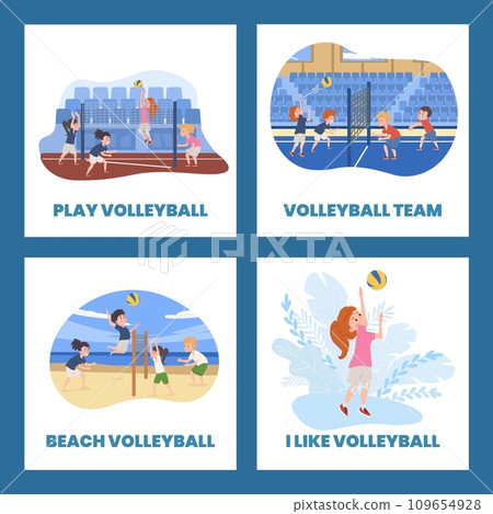 Set vector posters with boys and girls playing volleyball on beach and on court, happy children team playing sport game Set vector posters with boys and girls playing volleyball on beach and on court, happy children team playing sport game 109654928