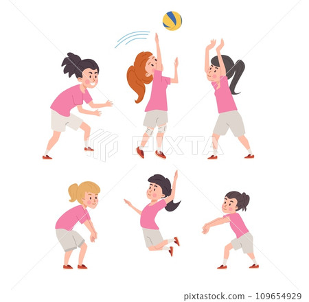 Girl volleyball players vector set in pink sportswear raised hands up, jumps, stretches to hit the ball, play sport game Girl volleyball players vector set in pink sportswear raised hands up, jumps, stretches to hit the ball, play sport game 109654929