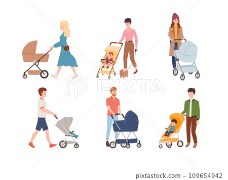 Set of people pushing baby stroller, flat vector illustration isolated on white background. Set of people pushing baby stroller, flat vector illustration isolated on white background. 109654942