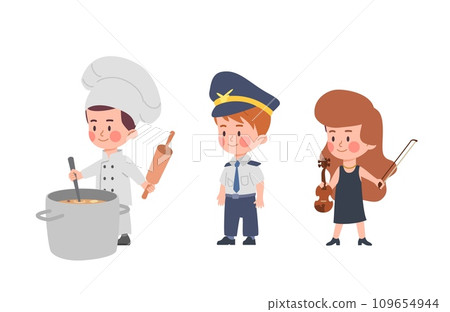 Cute children in professional uniform, cartoon flat vector illustration isolated on white background. 109654944