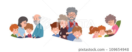 Set of grandparents spending time with children flat style, vector illustration 109654948