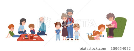Set of scenes with grandparents spending time with children flat style 109654952