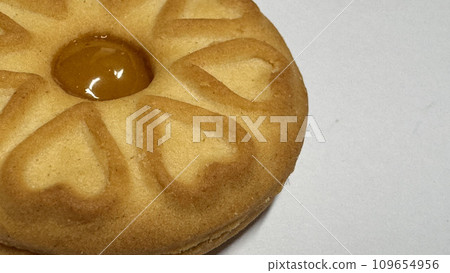 Pineapple jam biscuits, cookie neatly arranged and photographed on a plain white background 109654956