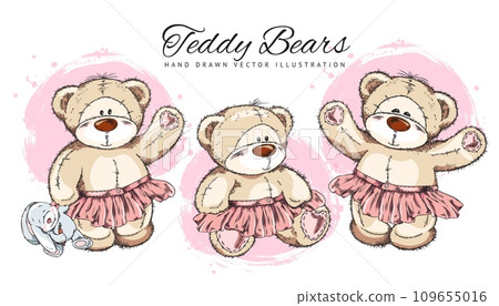 Teddy bears lovely girlish characters hand drawn vector illustration isolated. 109655016