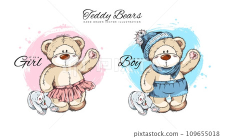 Hand drawn teddy bears for baby shower, sketch vector illustration isolated on white background. Hand drawn teddy bears for baby shower, sketch vector illustration isolated on white background. 109655018