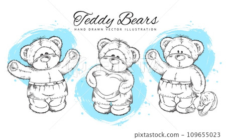 Set of colorless funny cartoon dolls bears boy with heart and bunny toy, hand drawn vector isolated illustrations 109655023