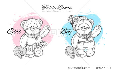 Vector isolated cute cartoon teddy bear toy drawing. Colorless