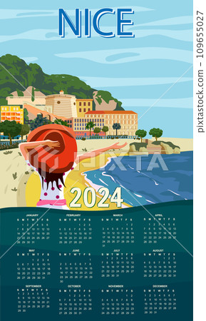 Nice French Riviera coast poster vintage. Woman on vacation, resort, coast, sea, beach. Retro style illustration vector 109655027