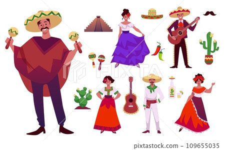 Set of vector mexican traditional symbols, women in national clothes flowers in head, whiskered men in sombrero, poncho 109655035