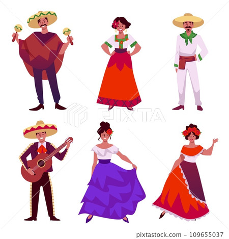 Set of smiling Mexican people in national costumes flat style, vector illustration 109655037