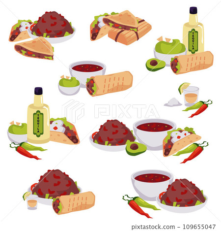 Vector set illustrations of traditional mexican food such as tacos, burritos, guacamole, salsa cartoon Mexican cuisine 109655047