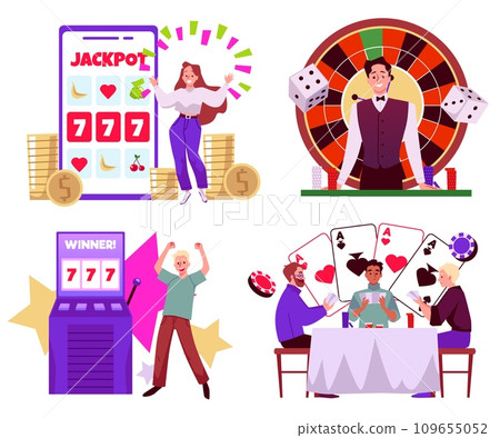 Gambling entertainment cartoon vector set, slot machine jackpot win, men play poker, croupier isolated illustration 109655052