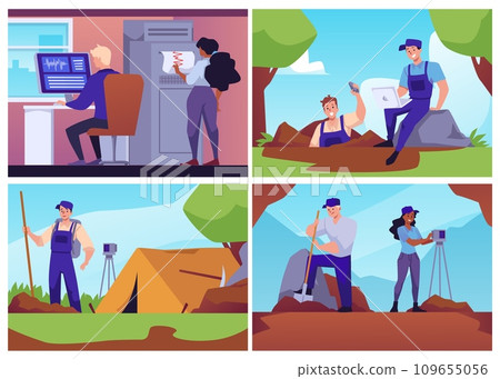 Geological laboratory and expedition excavations vector illustrations set, geologists women and men take measurements 109655056