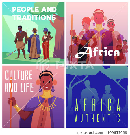 Set of squared banners about Africa authentic, culture and life flat style 109655068