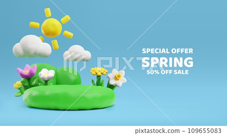 Cute spring banner, plasticine art, realistic 3D vector illustration 109655083