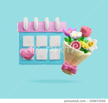 Bouquet of flowers and calendar, plasticine art, realistic 3D vector 109655089
