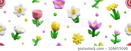 Seamless pattern with plasticine spring flowers, vector 3D clay texture blossom tulip, chamomile, daffodil with leaves Seamless pattern with plasticine spring flowers, vector 3D clay texture blossom tulip, chamomile, daffodil with leaves 109655090