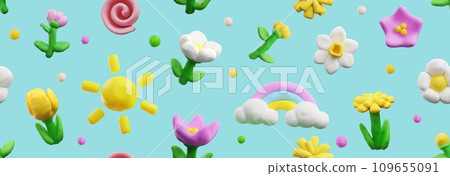 Spring seamless pattern, realistic 3D render in plasticine art, vector Spring seamless pattern, realistic 3D render in plasticine art, vector 109655091