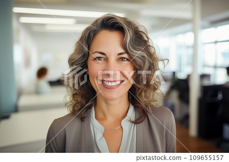 Portrait of a smiling mature caucasian woman in the office. AI Generated. 109655157