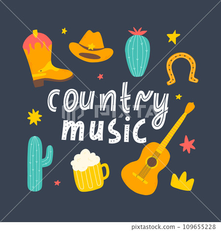 Country music concept.Set of country music elements in hand drawn style. Cowboy music vector illustration. 109655228