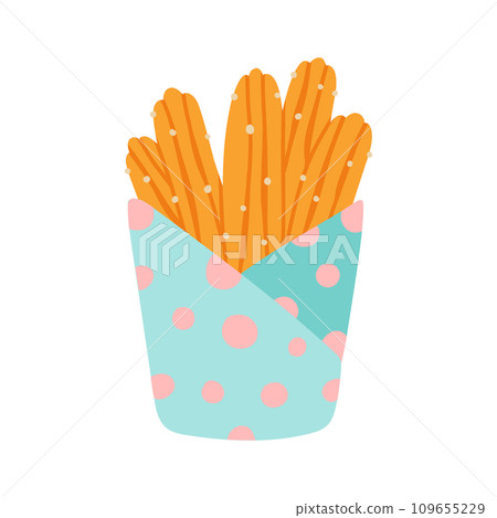 Churros in a paper bag. Mexican snack. Hand drawn flat vector illustration. 109655229