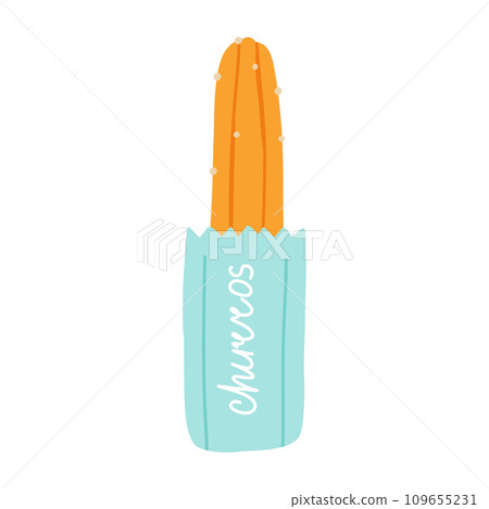 Churros in a paper bag. Mexican snack. Hand drawn flat vector illustration. 109655231