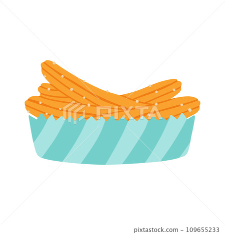 Churros in a paper bag. Mexican snack. Hand drawn flat vector illustration. 109655233