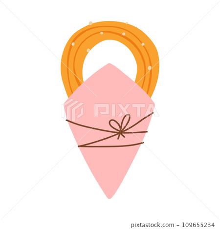 Churros in a paper bag. Mexican snack. Hand drawn flat vector illustration. Churros in a cone. 109655234