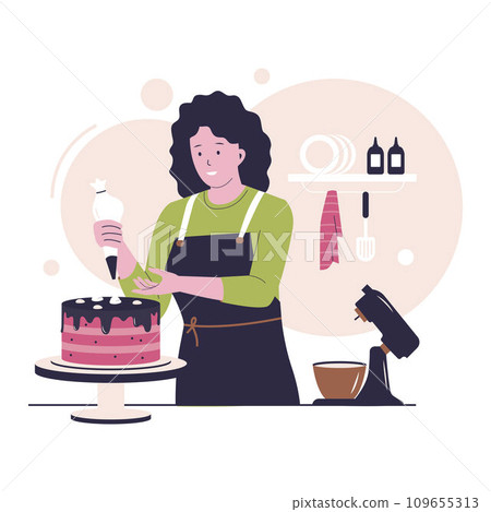 Woman decorates cake with butter cream 109655313