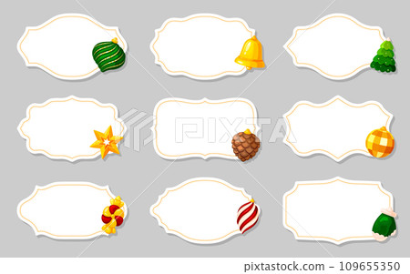Christmas label gift holiday flat set. Paper vintage frame disco ball fir cone star drop twisted candy glove bell xmas tree green red gold retro badge sticker packing price tag new year greeting sale 109655350
