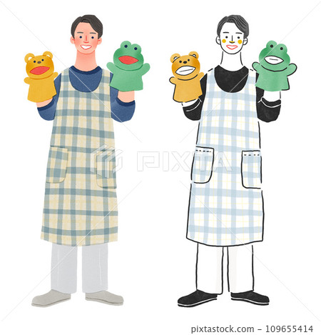 Full body hand-drawn illustration of a male nursery teacher holding a stuffed animal Full body hand-drawn illustration of a male nursery teacher holding a stuffed animal 109655414