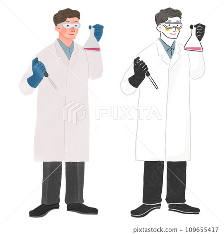 Full-body hand-drawn illustration of a man wearing a white coat and conducting experimental research Full-body hand-drawn illustration of a man wearing a white coat and conducting experimental research 109655417