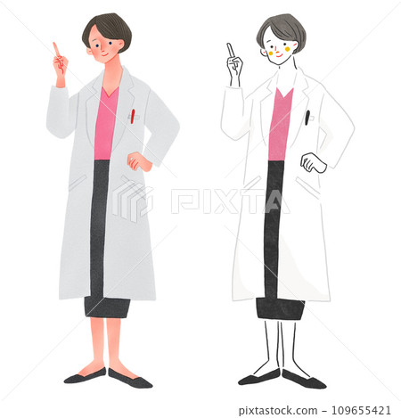 Full body hand-drawn illustration of a female hospital teacher wearing a white coat Full body hand-drawn illustration of a female hospital teacher wearing a white coat 109655421