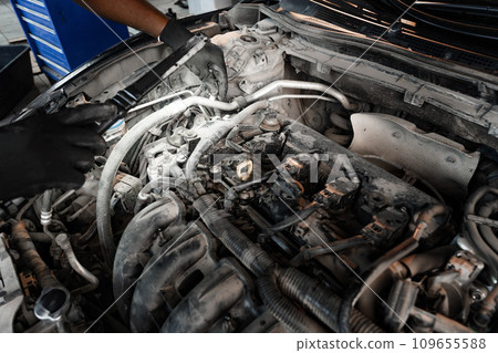 Close up of dirty old automobile engine Close up of dirty old automobile engine 109655588