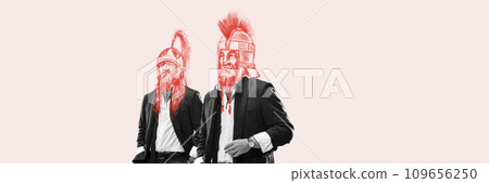 Business partners. Two brutal men in formal wear, with drawn knight head over light background. Contemporary art collage. Business partners. Two brutal men in formal wear, with drawn knight head over light background. Contemporary art collage. 109656250