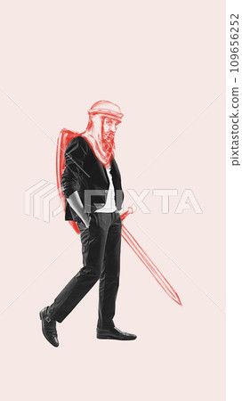 Businessman in black suit with drawn knight head standing in confident pose. Promotion, male rights. Contemporary art collage. 109656252