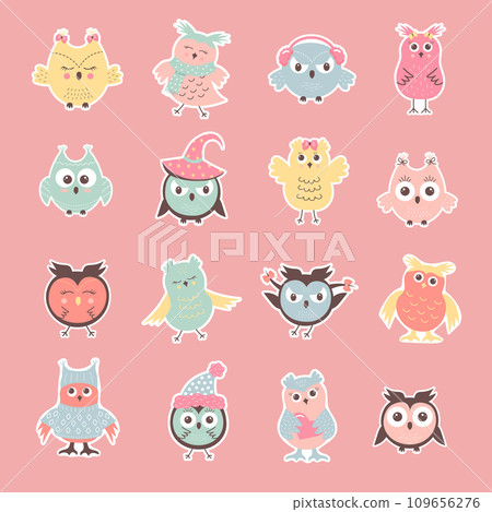 Cute funny owls sticker set. Winter characters in different clothing 109656276