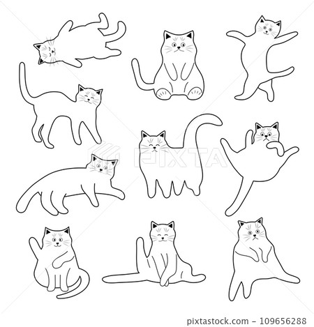 Cute doodle funny cats set. Fat cat characters in different poses. 109656288