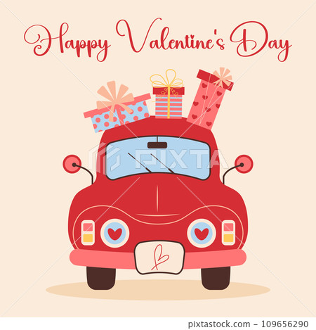 Red car with present boxes on top. Happy Valentines day card. Love retro car. 109656290