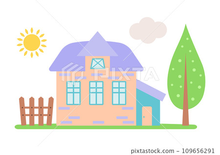 Sweet pastel home with tree, fence, sun and cloud. Cute cartoon dollhouse. Sweet pastel home with tree, fence, sun and cloud. Cute cartoon dollhouse. 109656291