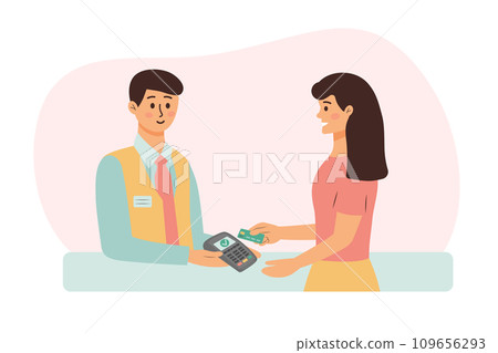 Seller holds POS-terminal and customer pays by card. Contactless payment 109656293