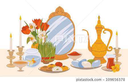 Products for the International Day of Navruz. Iranian New Year is a sacred day and religious holiday of Zoroastrians and Baha'is. Mirror, green grass, sweets, candles, vinegar, flowers. Flat vector. 109656378