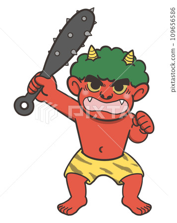 拿著金屬棍子的憤怒的紅色惡魔的插圖 109656586