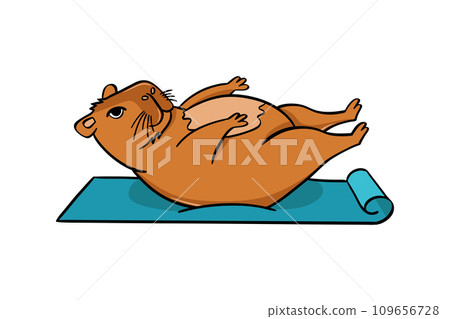 A cute capybara does yoga on a mat. Vector illustration flat style 109656728
