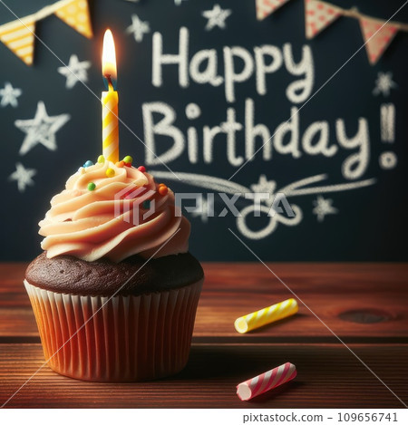 Birthday cupcake in front of a chalkboard. words HAPPY BIRTDAY!!! on chalk board. Birthday cupcake in front of a chalkboard. words HAPPY BIRTDAY!!! on chalk board. 109656741