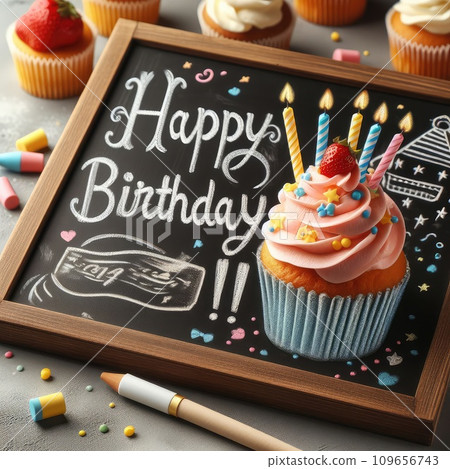 Birthday cupcake in front of a chalkboard. words HAPPY BIRTDAY!!! on chalk board. Birthday cupcake in front of a chalkboard. words HAPPY BIRTDAY!!! on chalk board. 109656743