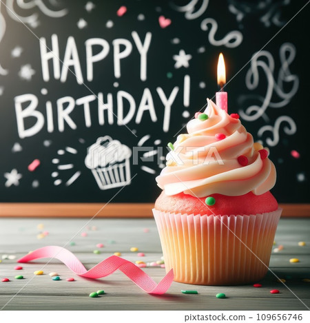 Birthday cupcake in front of a chalkboard. words HAPPY BIRTDAY!!! on chalk board. 109656746